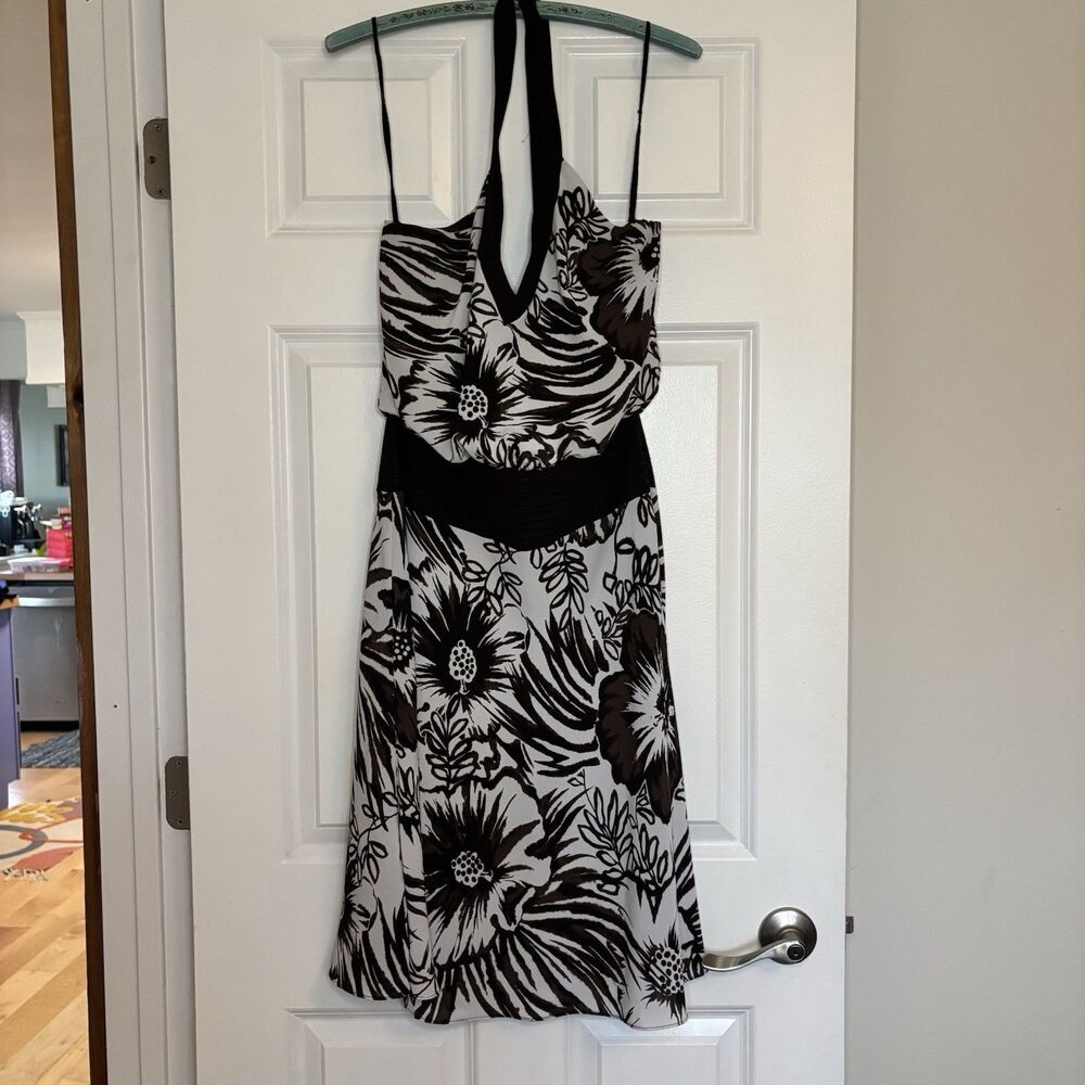 00’s Y2K White Brown Floral Halter Dress SL Fashions Size 6 Petite